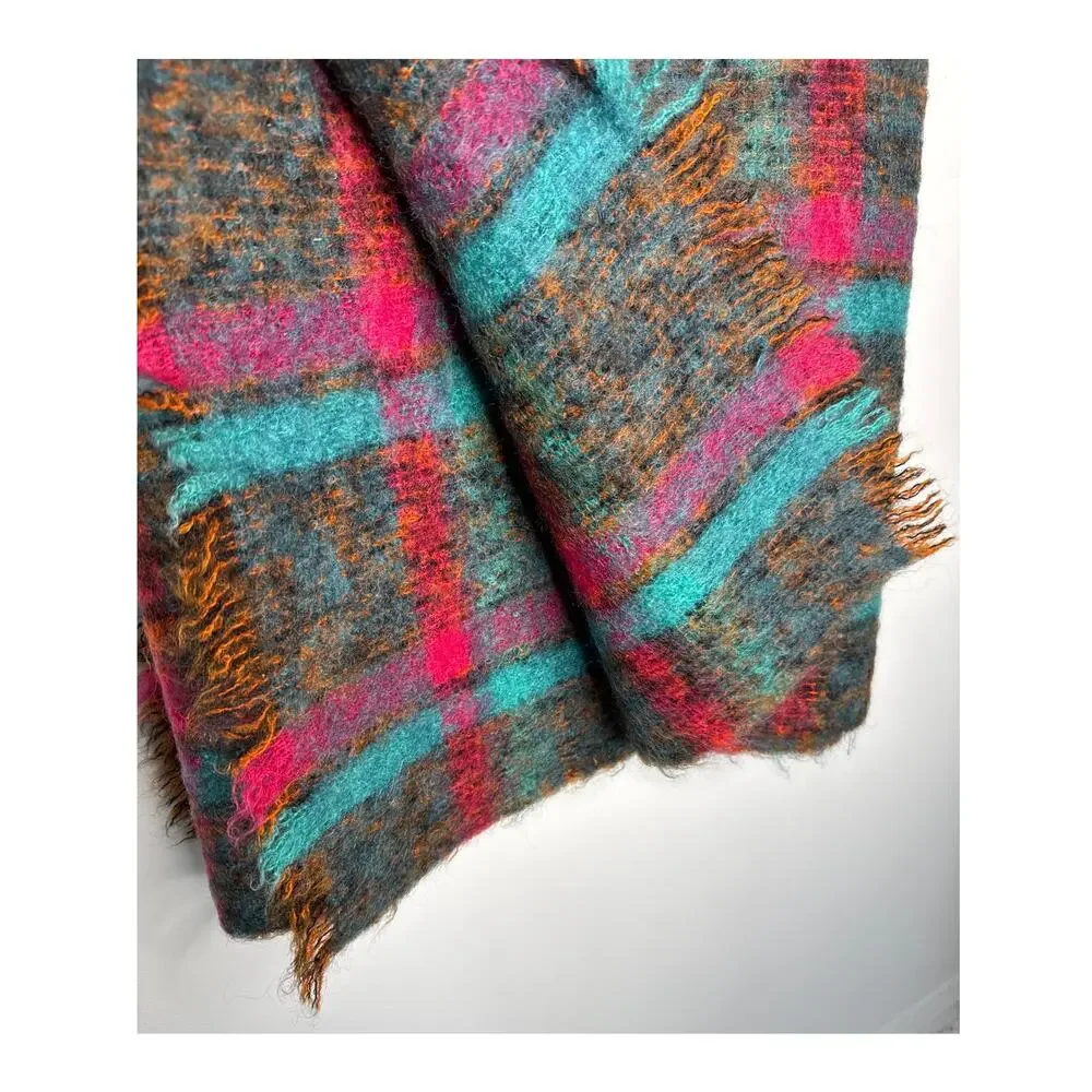 1980s Donegal Design Hand Woven Mohair Wool Plaid Scarf Ireland 60x70